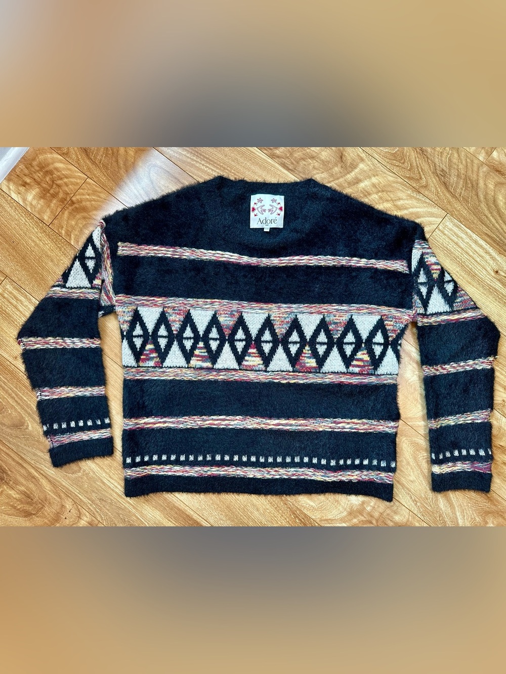Adoré Paris Arsene Fuzzy Geometric Sweater S/M Oversized Black Boho - Picture 6 of 12